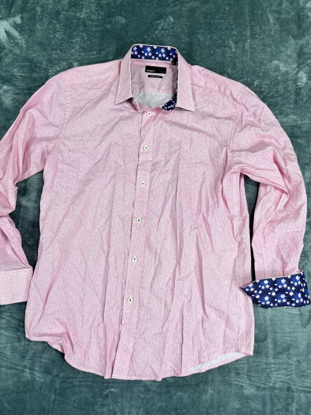 Quieti Mens Pink Long Sleeve Button-Up Shirt Floral Contrast Trim L